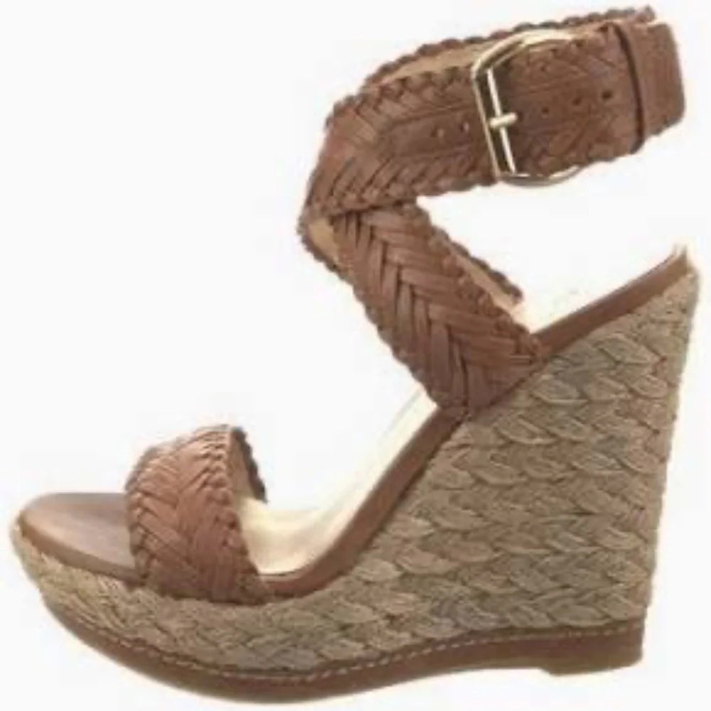 Stuart Weitzman Elixir Sandal Leather Wedges Tan Camel 8.5 - Picture 2 of 12